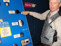 DSC01248 This is the panel with the materials you could measure yourself with the Geiger counter. The sample which caused the highest readings was, surprisingly, an orange Fiestaware mug. Apparently, the colorant it employed is radioactive, and much more radioactive than uranium ore. People used to have breakfast every day in those things. Scary.